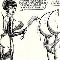 Stylish BW toons with the adventures of a curvy mistress in black leather and a sexy submissive whore in stockings