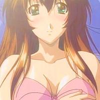 Anime brunette shows her big juicy tits in a pink bra