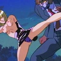 Busty blonde hentai fighting a guy but gets slammed