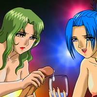 Two busty anime babes share a bit fat cock as they drink the cum from a big glass