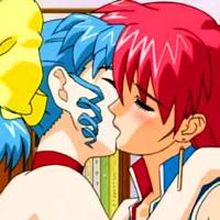 Two cute anime lesbians kissing and touching each other