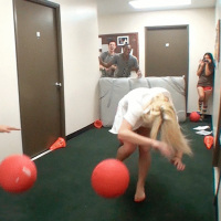 Check out 3 super hot college booty short teens fuck around playing dodge ball then get fucked in these hot real dorm room party