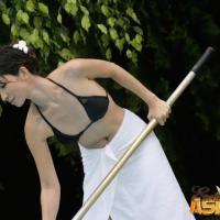 Glamorous Asian in swimsuit Asoka cleaning the pool naked