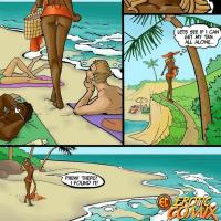 Good looking ebony comics babe gets double fucked by two white hunks on the beach