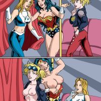 Sweet comics lesbians sharing a large strap on dildo