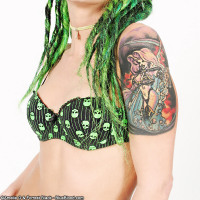 Gothic Tattooed Babe in Green Skull Bikini