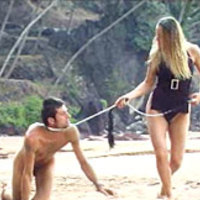 Beautiful mistress schools and humiliates her male slave on an inhabitable tropical island