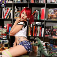 Cute Nerdy Gamer Girl Scarlet Starr in Pigtails Plays with Godzilla